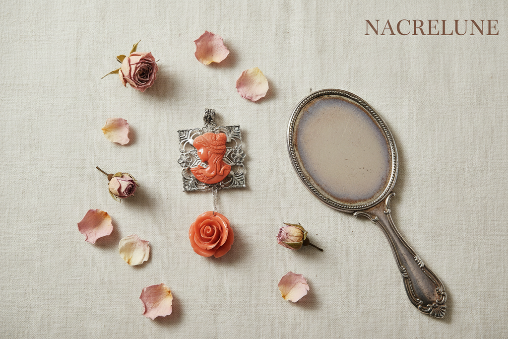 pendentif en reproduction de corail représentant une jolie dame et une rose sculptée nacrelune.com pendentif