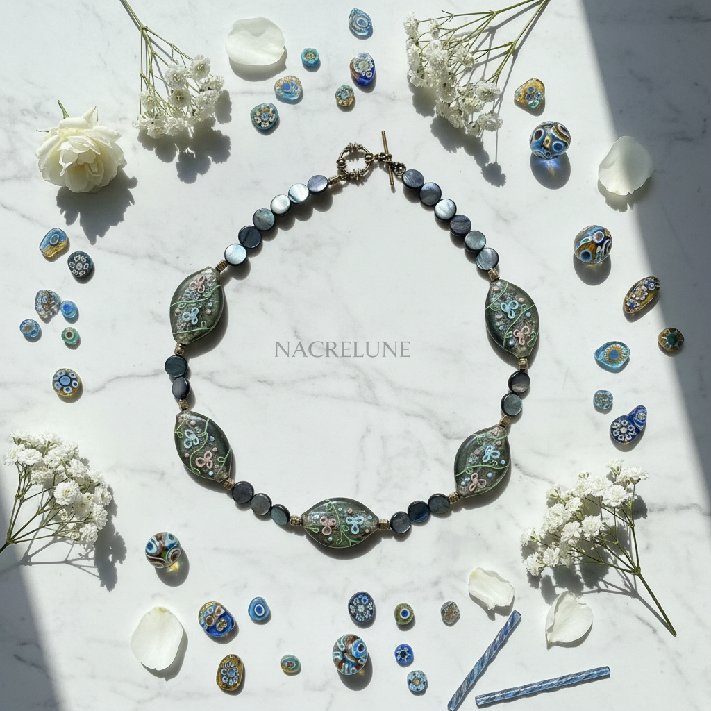 Collier en pastilles de nacre bleu et grandes perles de verre peintes à la main nacrelune.com collier