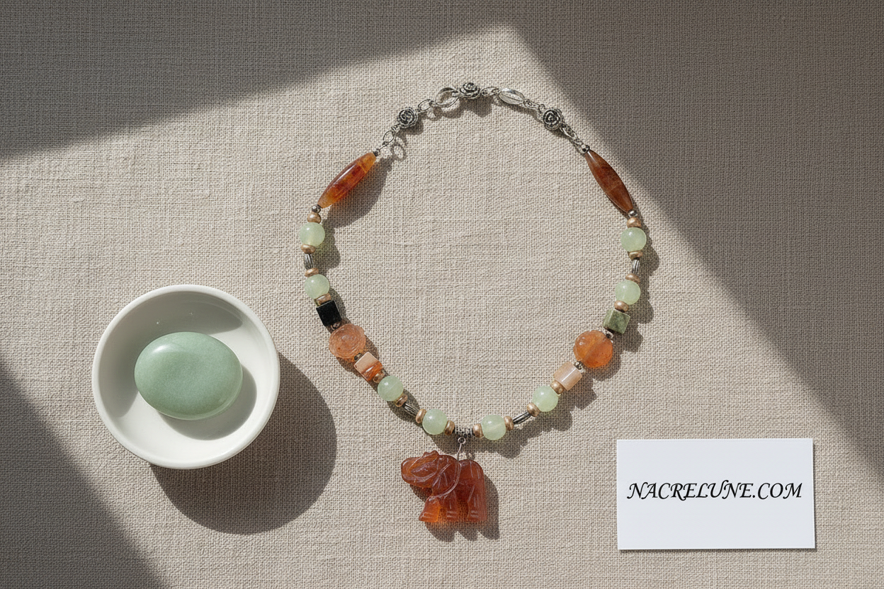 Collier en jade vert et agate cornaline avec éléphant sculpté nacrelune.com collier