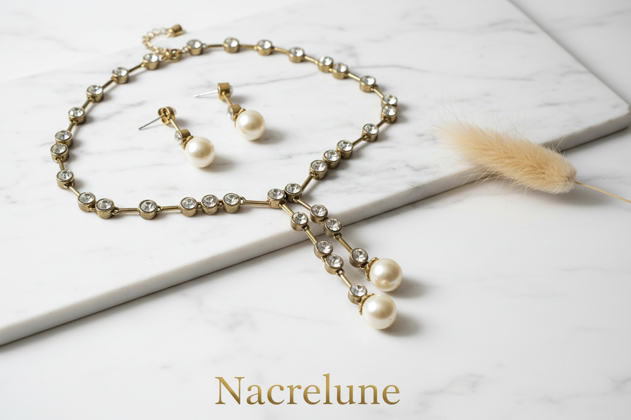 Parure dorée avec grandes perles fantaisie et strass nacrelune.com parure