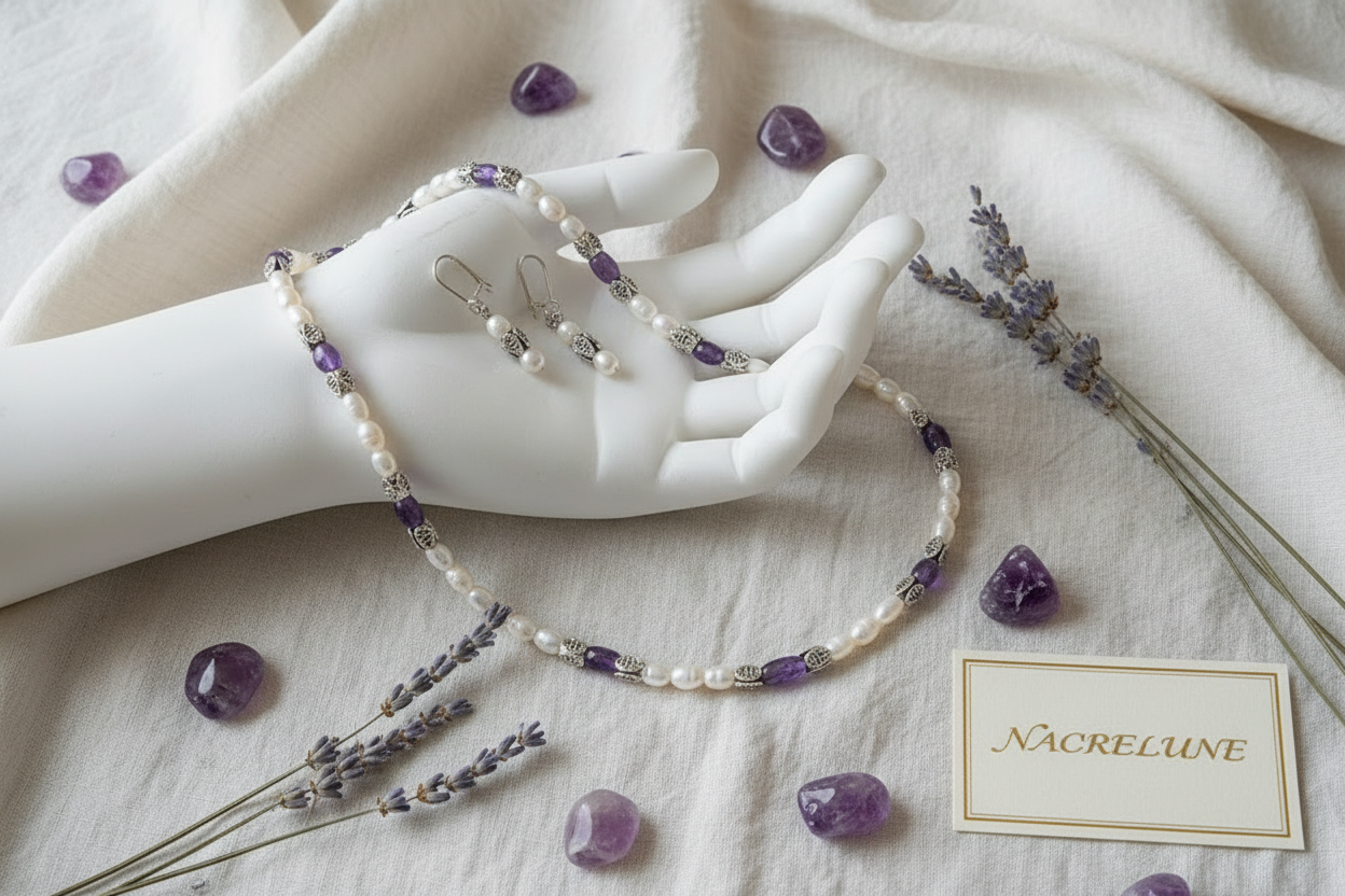Parure en perles de culture avec améthystes véritables polies nacrelune.com parure