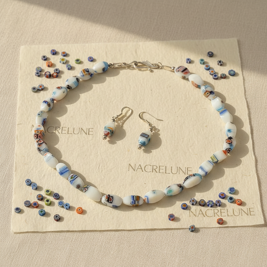 Parure en perles de verre blanc décorées multicolore nacrelune.com parure