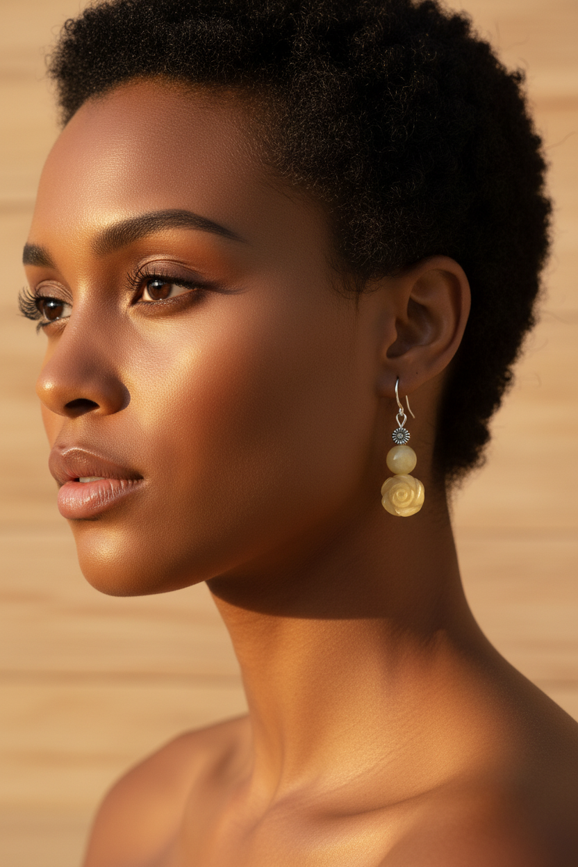 Boucles d'oreille en Citrine – Fleur sculptée & perle argentée nacrelune.com boucles d'oreille