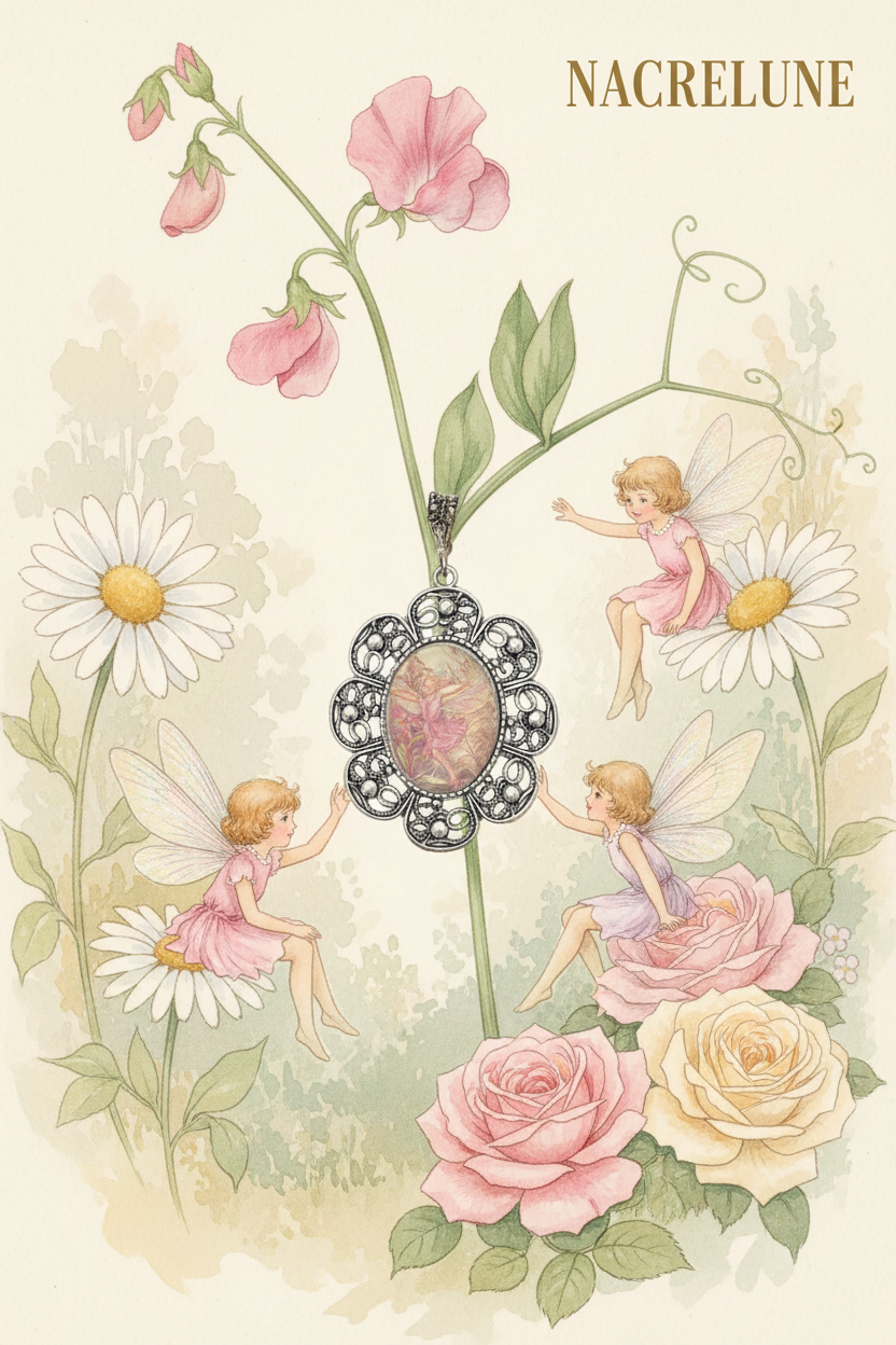 Grand pendentif camée représentant une fée des fleurs nacrelune.com pendentif