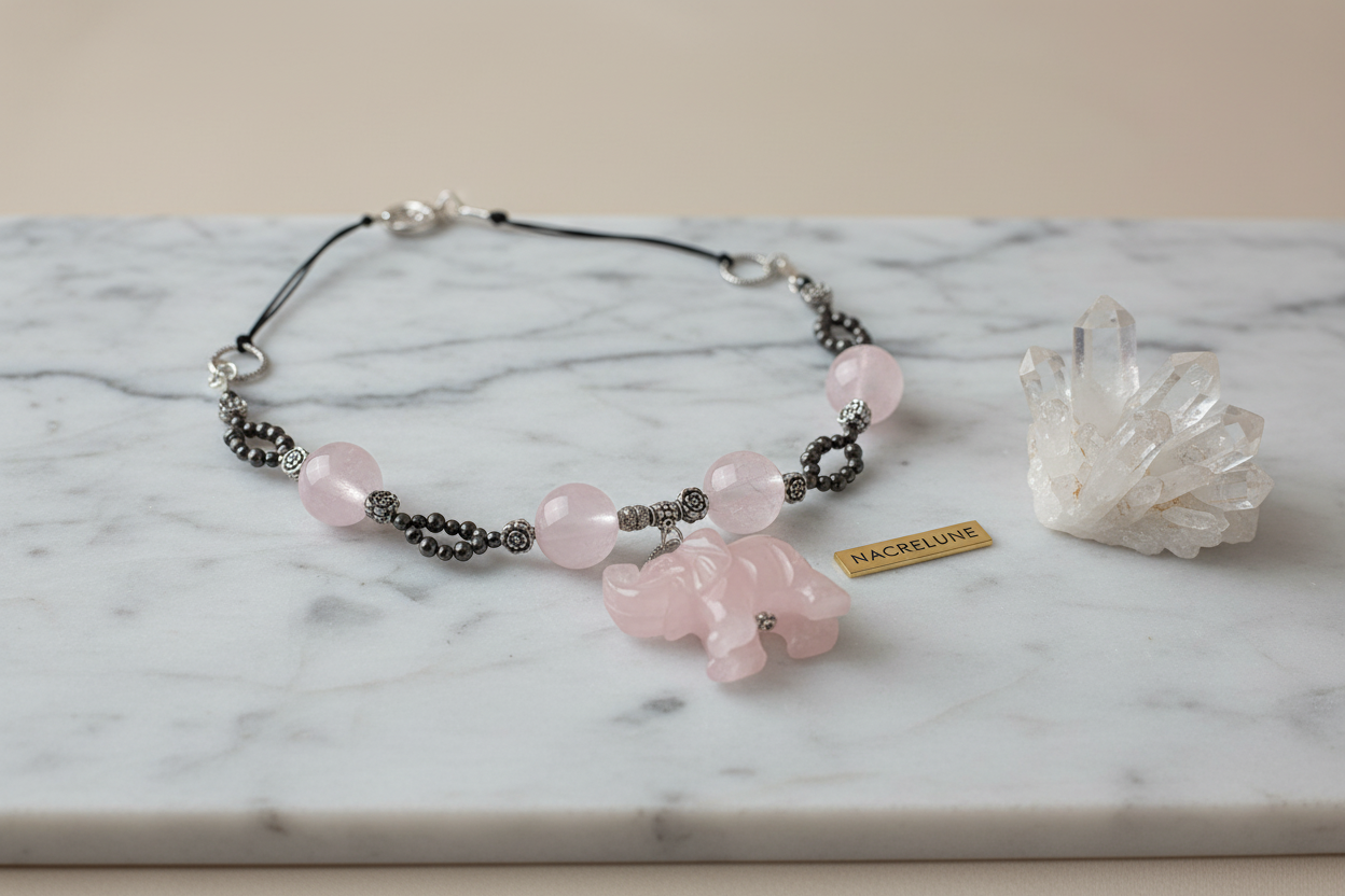 Collier en perles et elephant sculpté en quartz rose véritable nacrelune.com collier