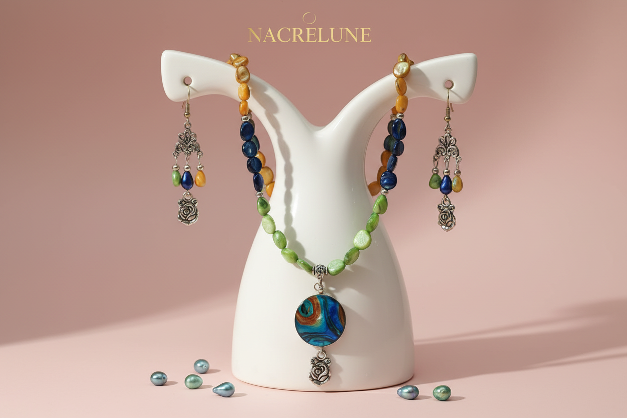 Parure en perles nacres de couleur et grande perle en nacre peinte nacrelune.com parure