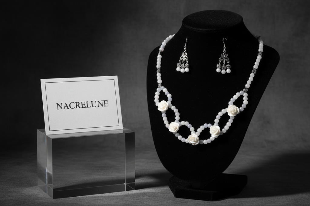 Parure roses blanches en resine et perles de verre nacrelune.com parure