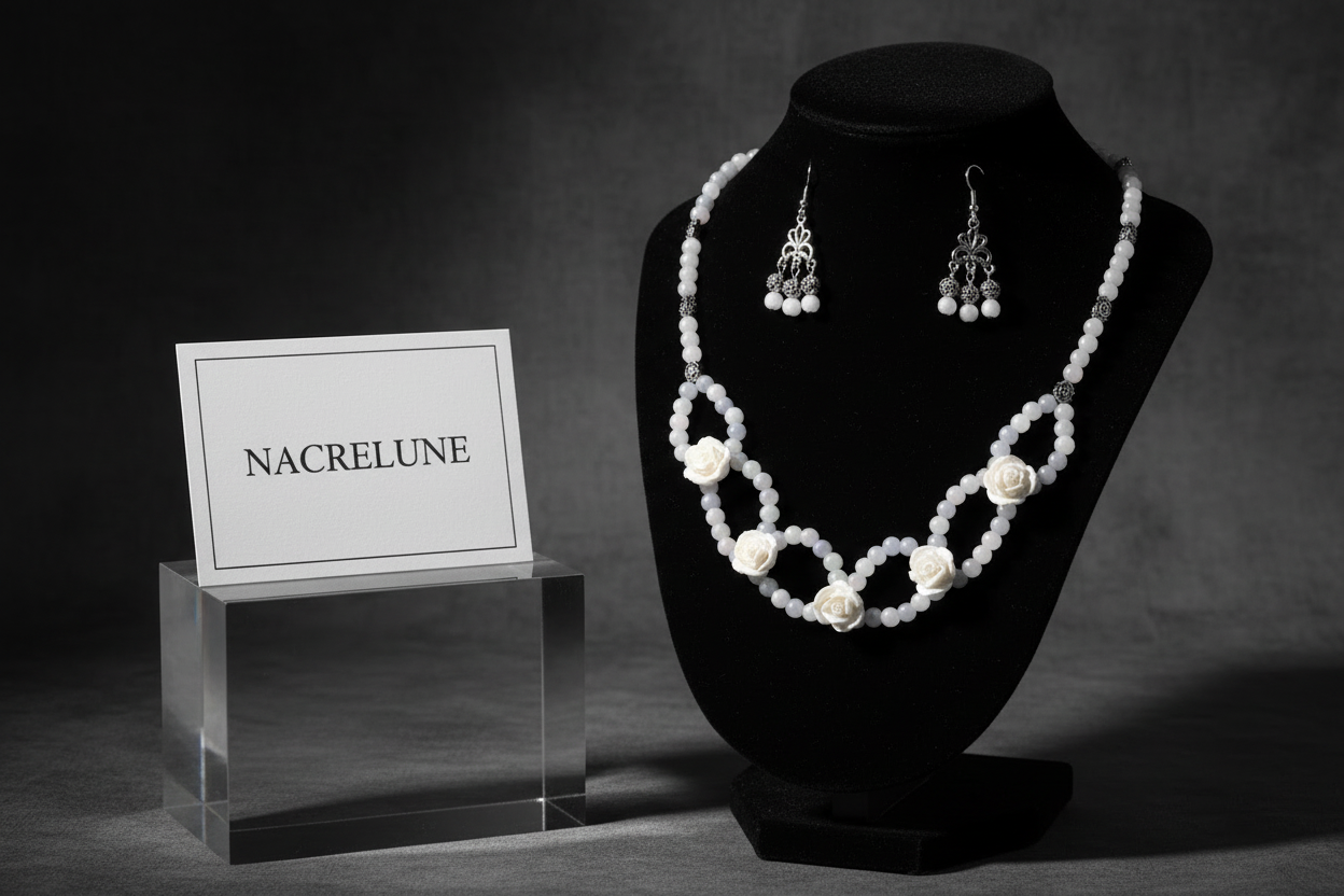 Parure roses blanches en resine et perles de verre nacrelune.com parure