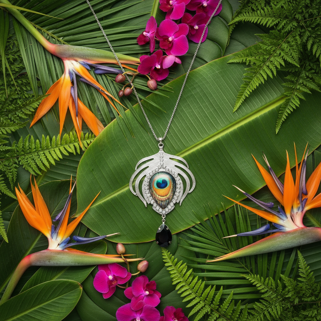 Pendentif fantaisie à longue chaîne représentant plume de paon nacrelune.com pendentif