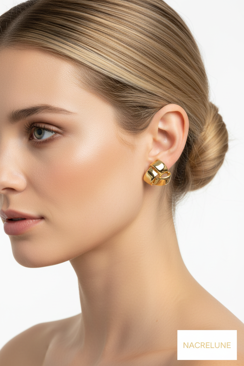 Boucles d'oreille Dorées Forme Tripartite – Nœud Sculpté & Éclat Luxe | NACRELUNE nacrelune.com boucles d'oreille
