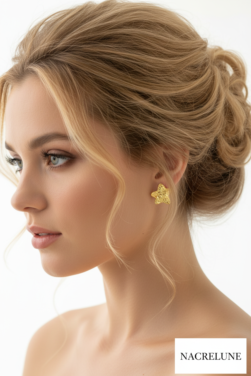 Boucles d'oreille Dorées Forme Étoile – Texture Croco & Éclat Céleste | NACRELUNE nacrelune.com boucles d'oreille