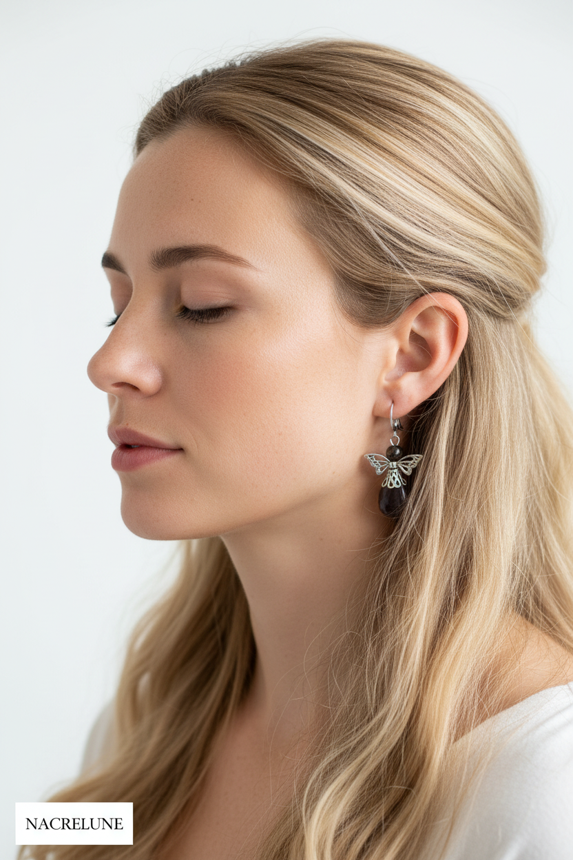 Boucles d'oreille Ange Gardien – Améthyste, Œil du Tigre ou Quartz Rose | NACRELUNE nacrelune.com boucles d'oreille