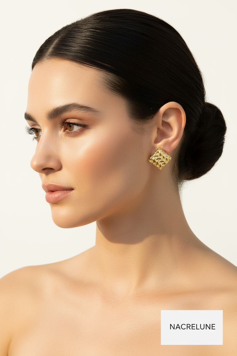 Boucles d'oreille Dorées Forme Losange – Tressage Doré & Élégance Graphique | NACRELUNE nacrelune.com boucles d'oreille