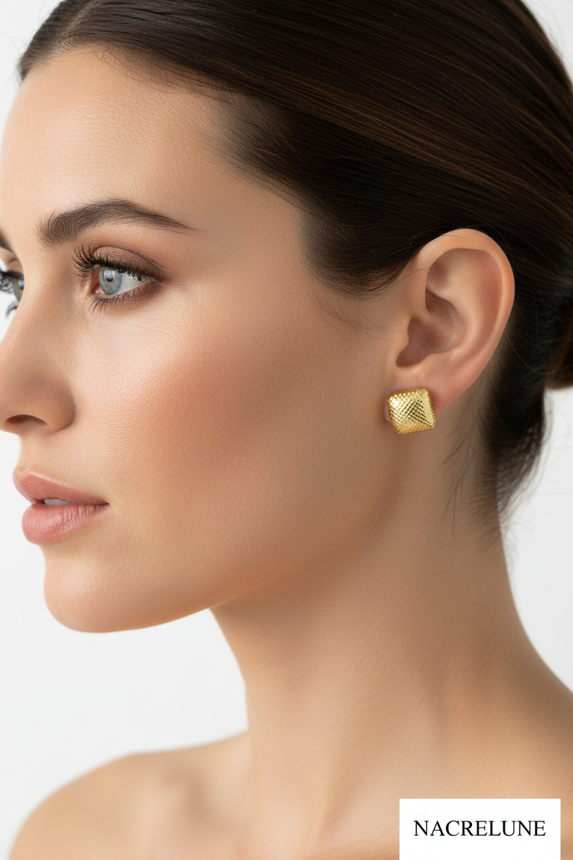 Boucles d'oreille Dorées Forme Carré – Micro-Reliefs & Éclat Luxe | NACRELUNE nacrelune.com boucles d'oreille