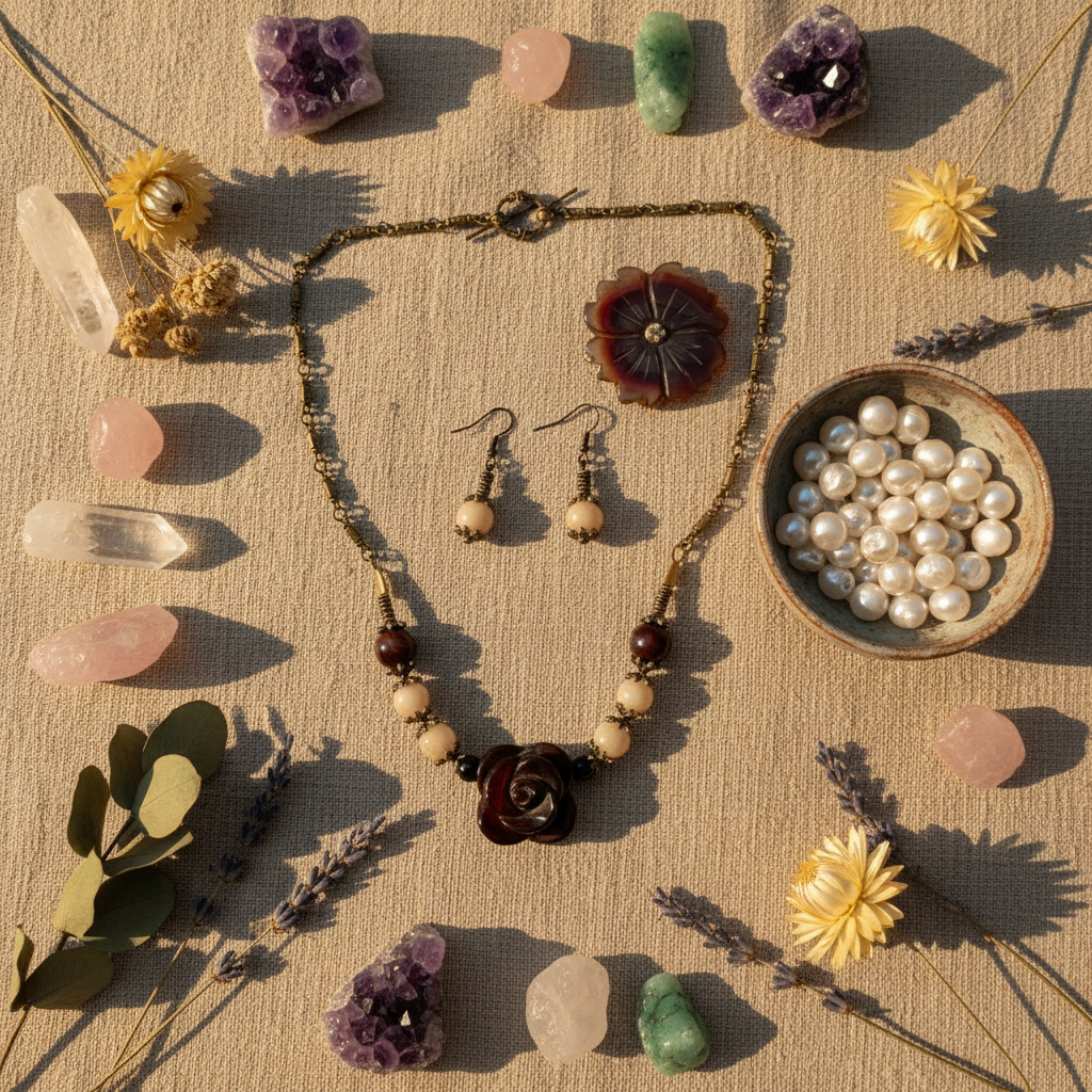 Parure en perles d'agates avec fleur en agate sculptée nacrelune.com parure