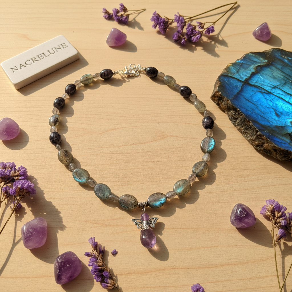 Collier Labradorite & Pendentif Ange Gardien en Améthyste | NACRELUNE nacrelune.com collier