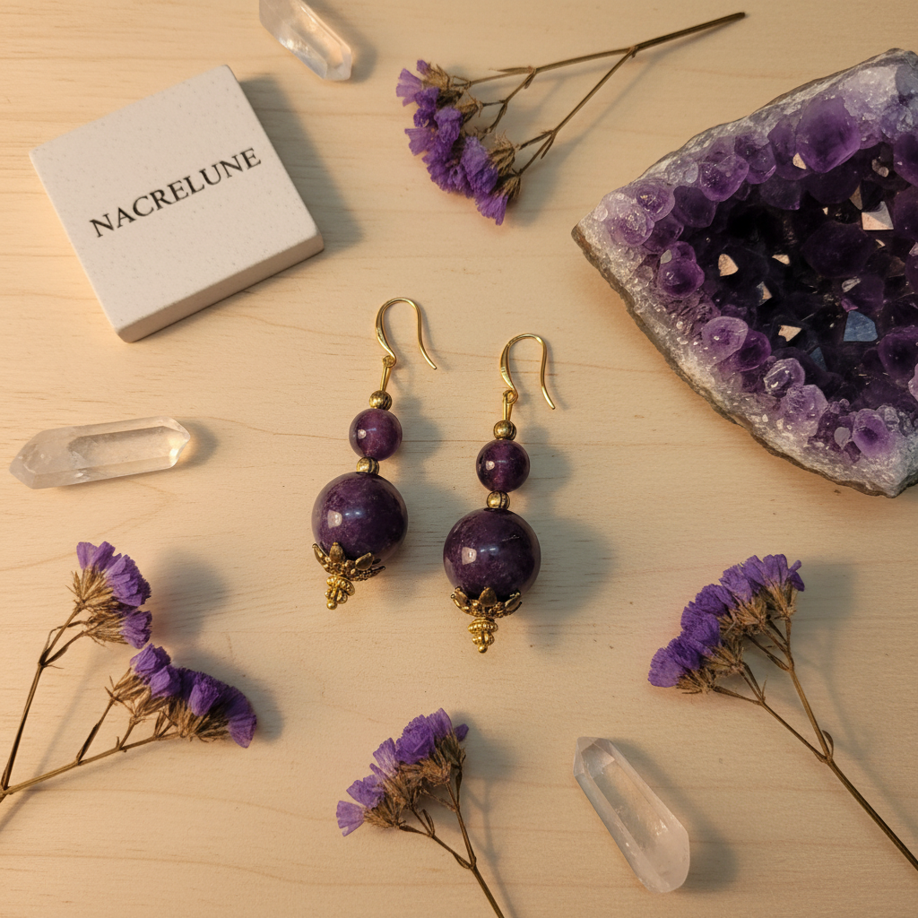 Boucles d'oreille en Améthyste – Monture Dorée & Intuition | NACRELUNE nacrelune.com boucles d'oreille