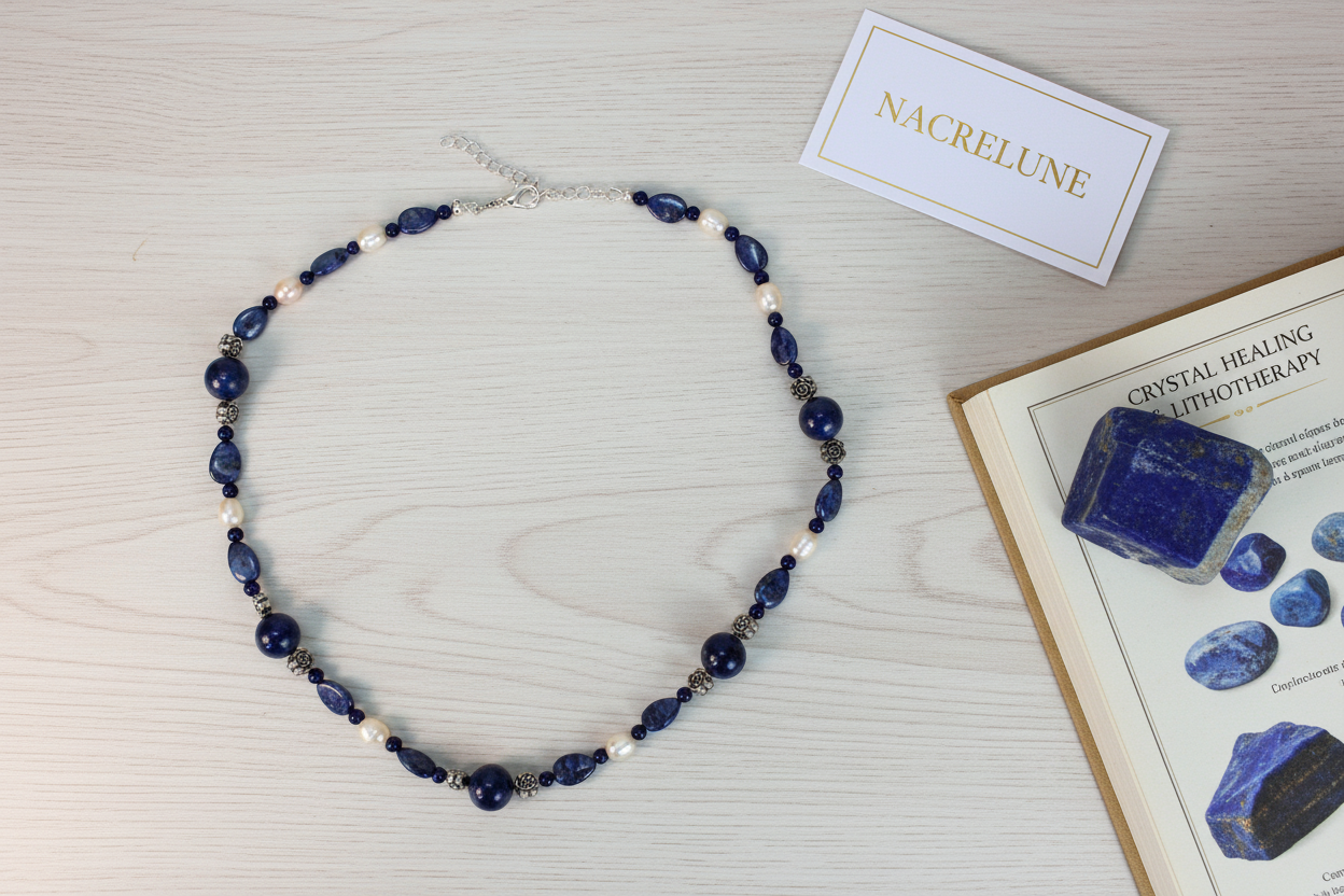 Collier en Lapis Lazuli & Perles | Pierre de Sagesse & Vérité nacrelune.com collier