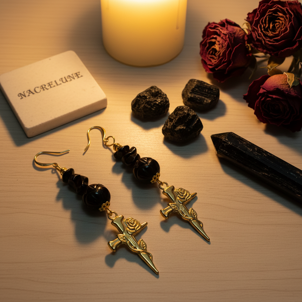 Boucles d'oreille en Onyx Sculpté – Croix Dorée à la Rose | NACRELUNE nacrelune.com boucles d'oreille