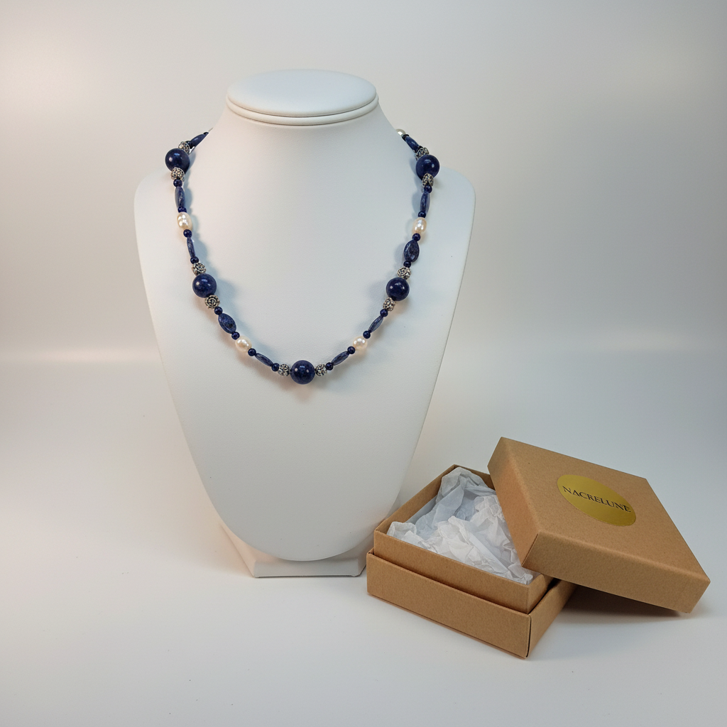Collier en Lapis Lazuli & Perles | Pierre de Sagesse & Vérité nacrelune.com collier