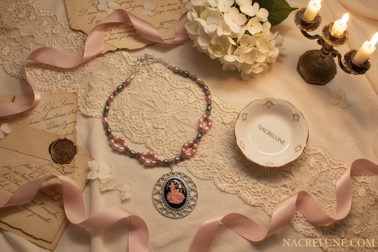 Collier en perles de culture roses avec camée nacrelune.com collier