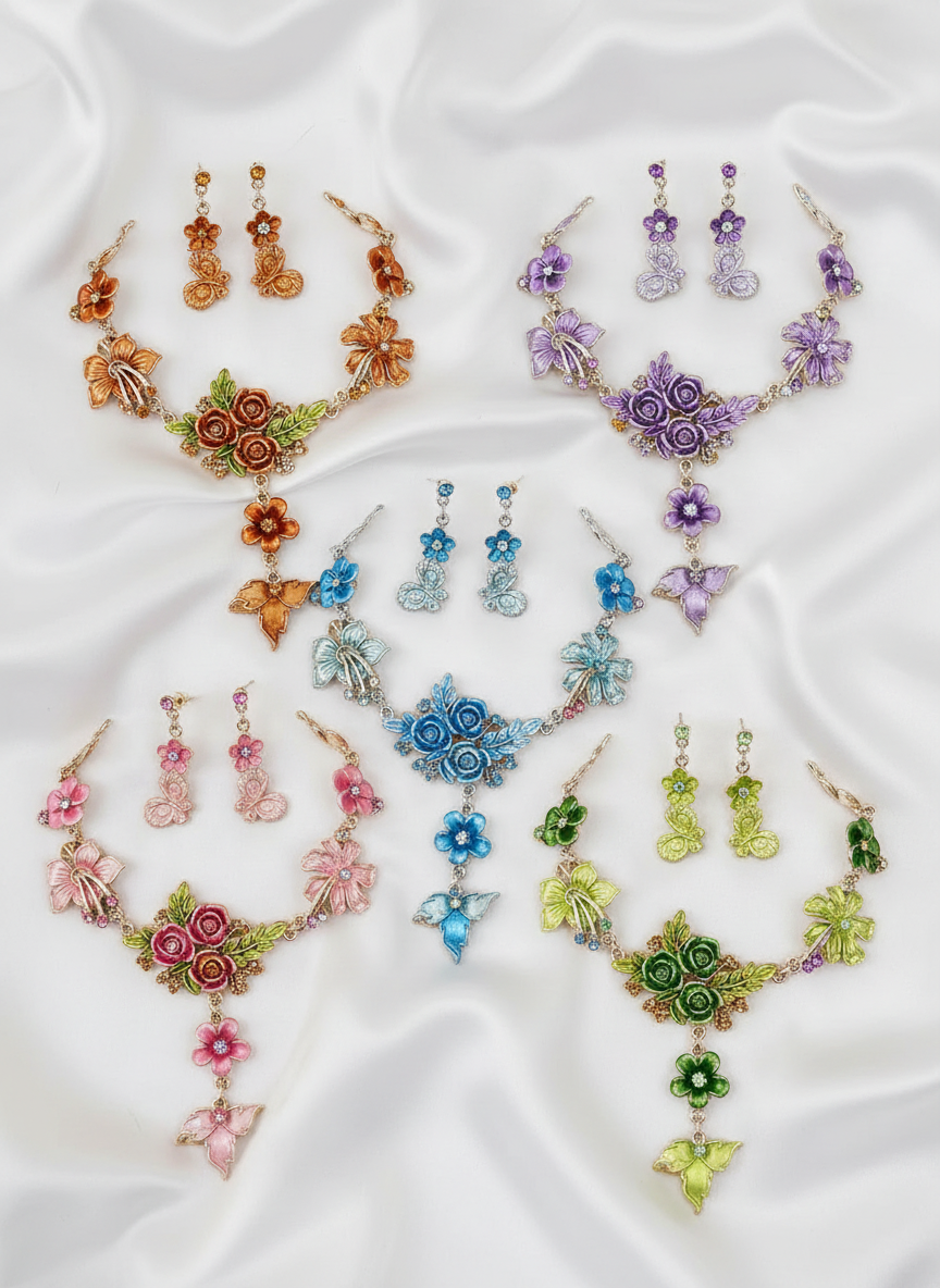 Parure en émail avec fleurs et feuilles, choisissez votre couleur NACRELUNE parure