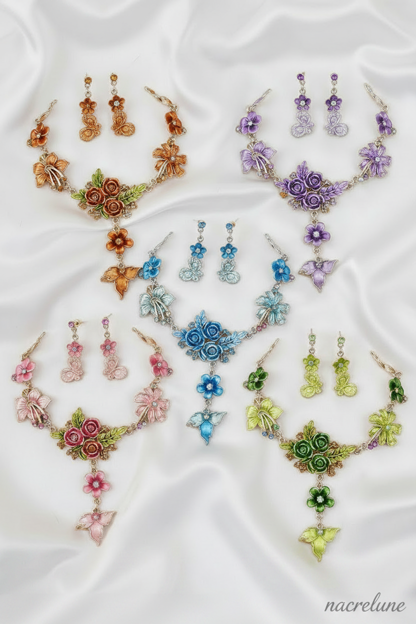Parure en émail avec fleurs et feuilles, choisissez votre couleur nacrelune.com parure