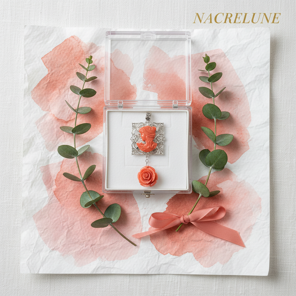 pendentif en reproduction de corail représentant une jolie dame et une rose sculptée nacrelune.com pendentif