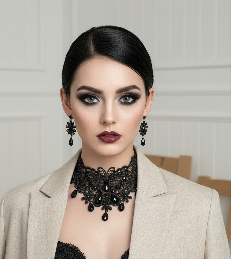Parure fantaisie en dentelle noire nacrelune.com parure