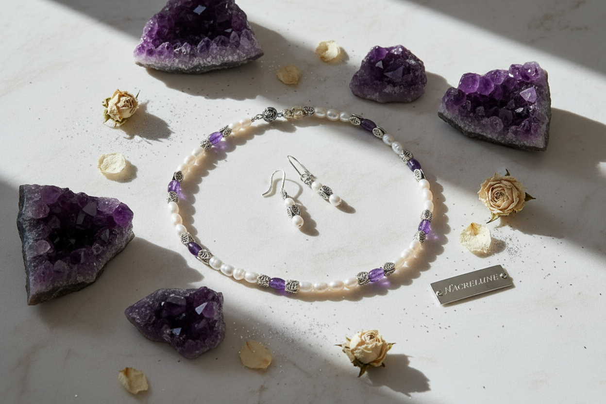 Parure en perles de culture avec améthystes véritables polies nacrelune.com parure