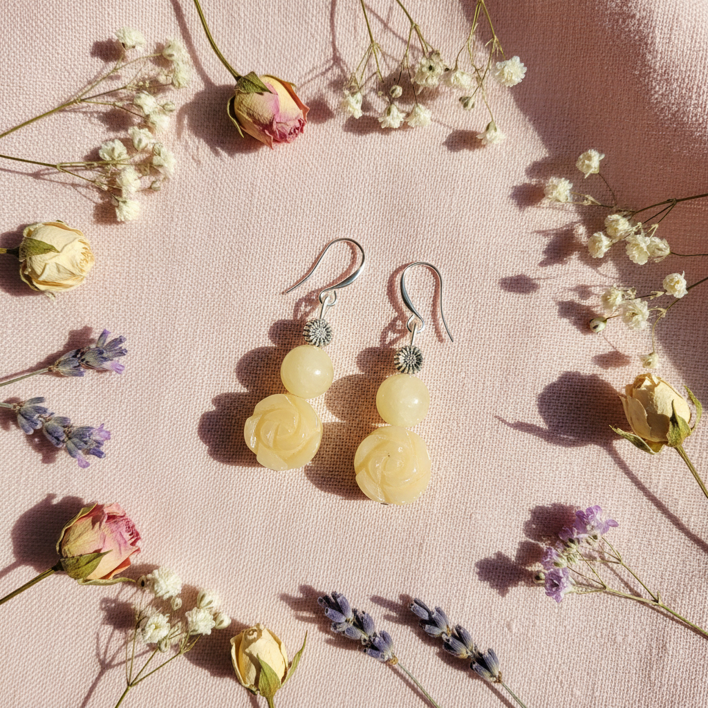 Boucles d'oreille en Citrine – Fleur sculptée & perle argentée nacrelune.com boucles d'oreille
