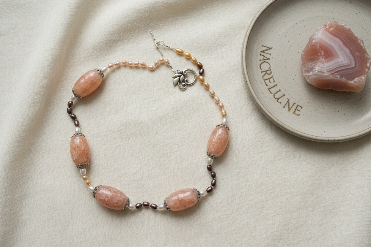 Collier en perles de culture avec grandes agates roses nacrelune.com collier