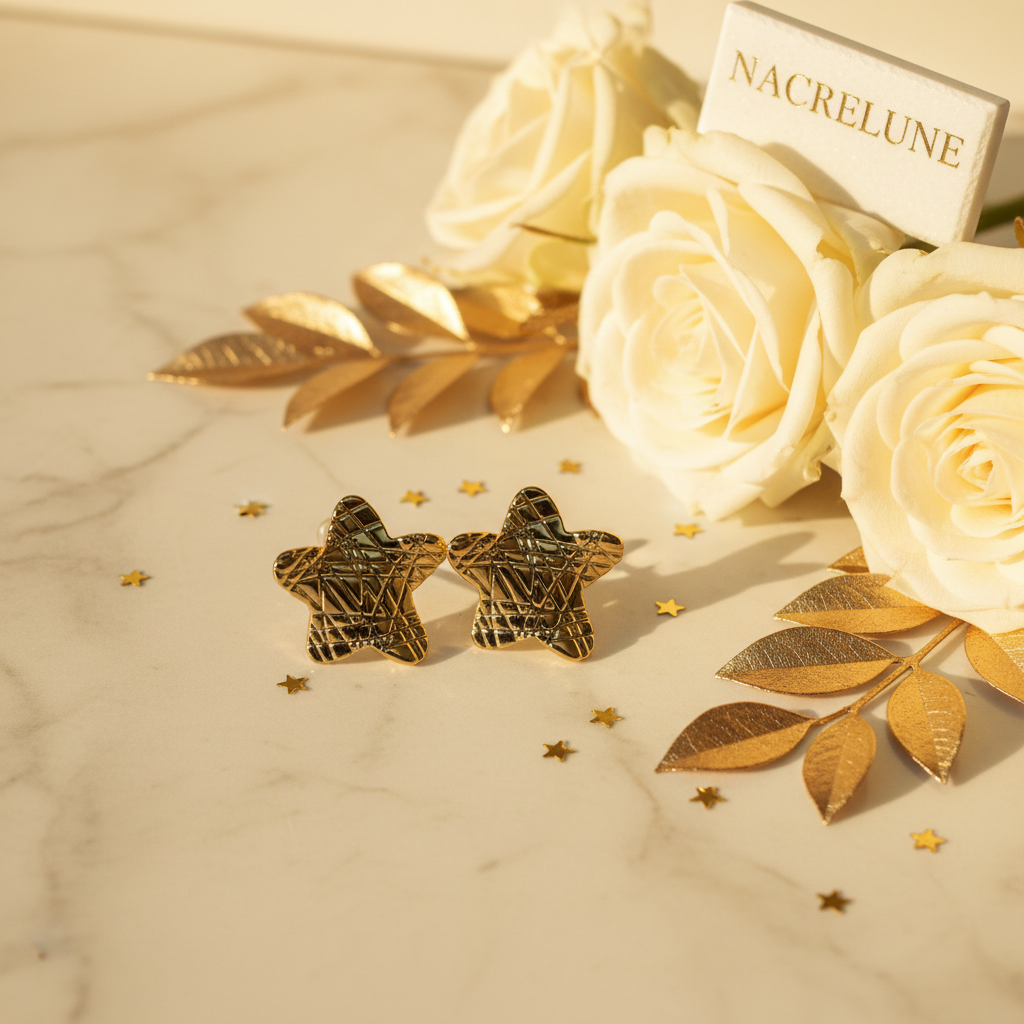 Boucles d'oreille Dorées Forme Étoile – Texture Croco & Éclat Céleste | NACRELUNE nacrelune.com boucles d'oreille