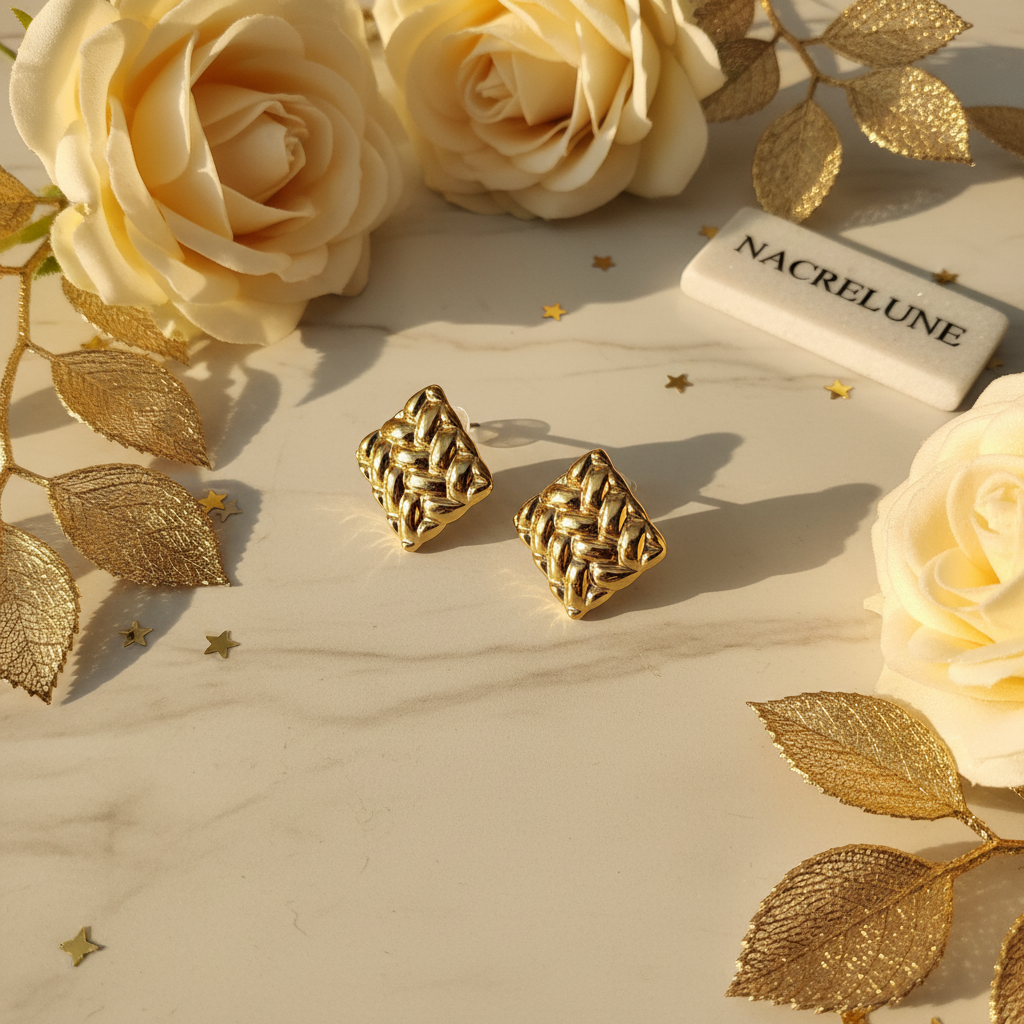 Boucles d'oreille Dorées Forme Losange – Tressage Doré & Élégance Graphique | NACRELUNE nacrelune.com boucles d'oreille