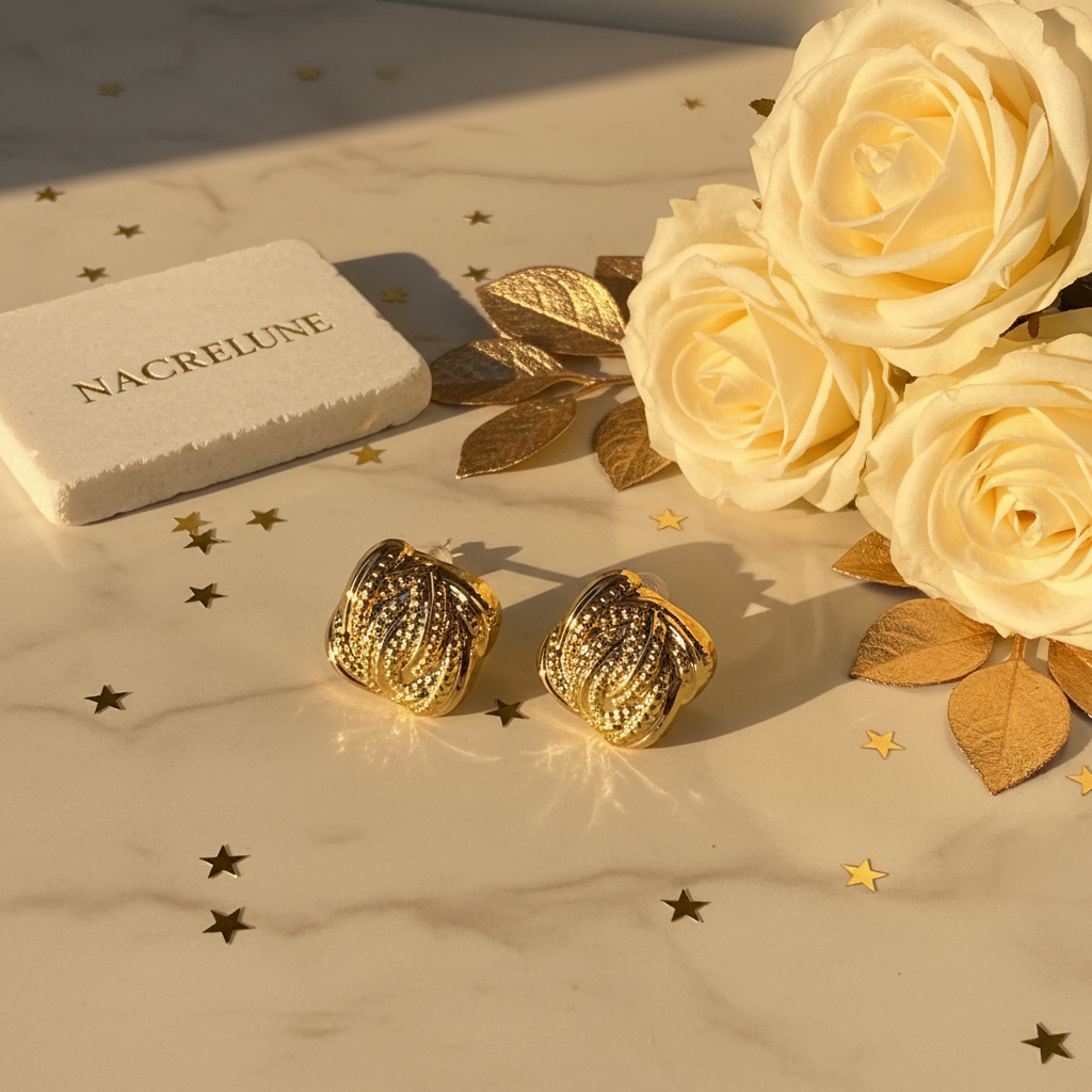 Boucles d'oreille Dorées Carrées Texturées – Torsade & Micro-Cristaux | NACRELUNE nacrelune.com boucles d'oreille