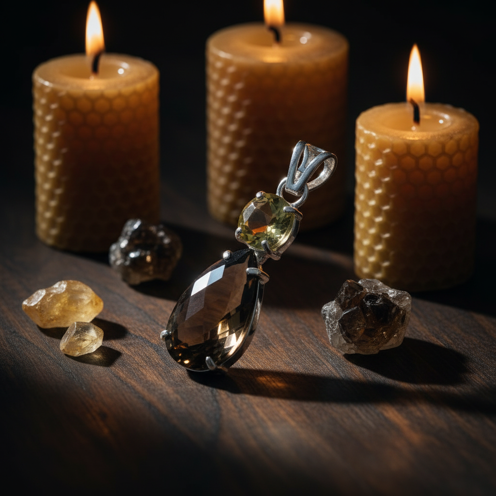 Pendentif en argent 925 avec citrine et quartz fumé taillés nacrelune.com collier
