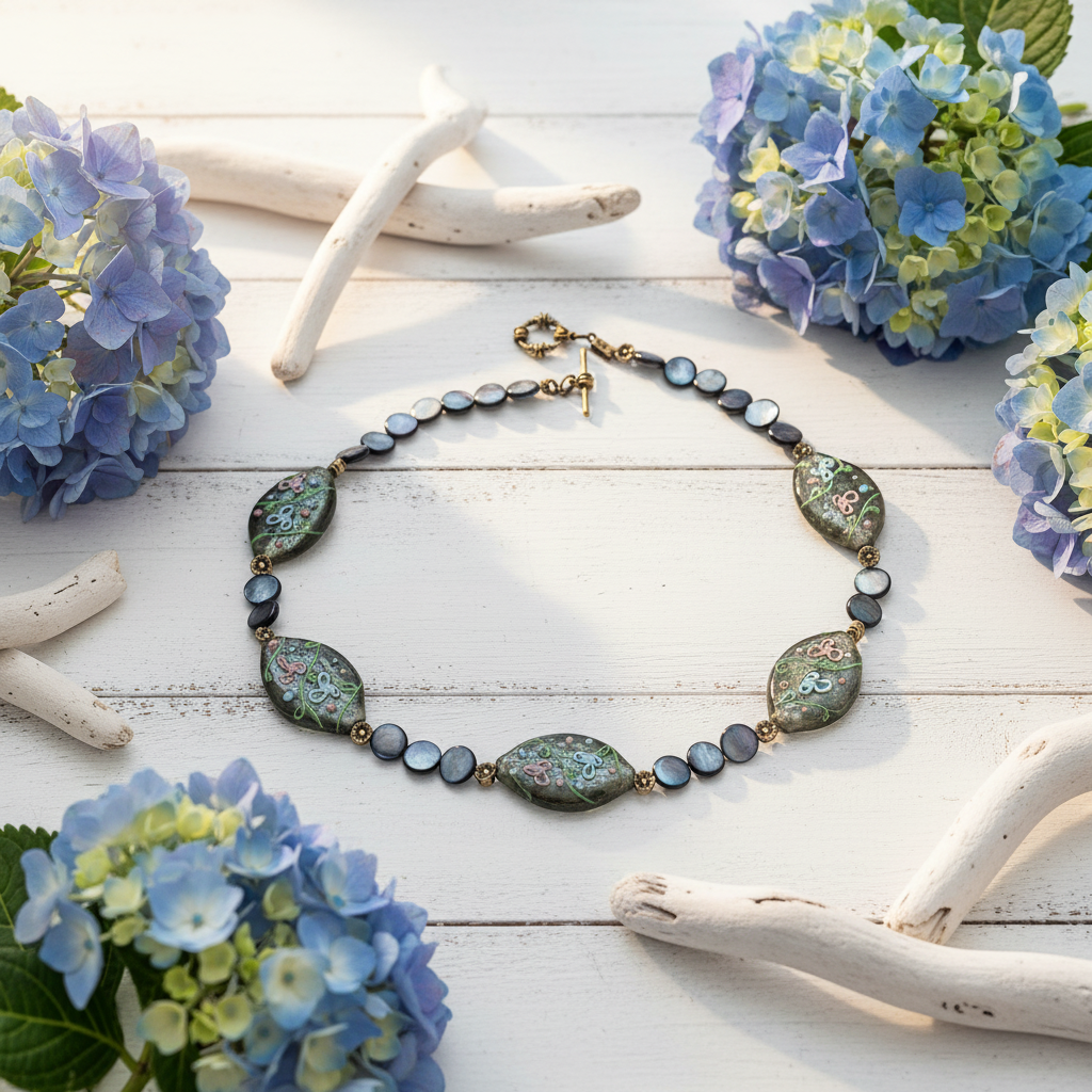 Collier en pastilles de nacre bleu et grandes perles de verre peintes à la main nacrelune.com collier