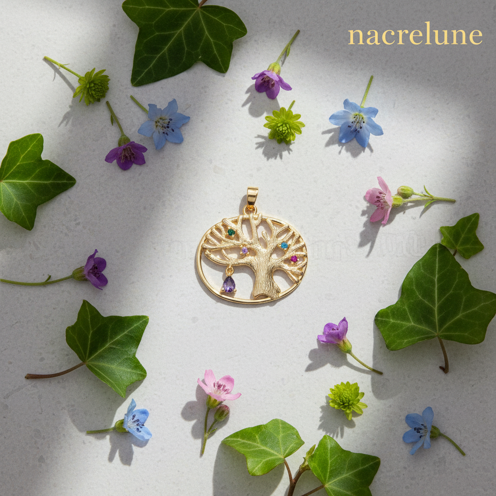 Pendentif arbre en laiton plaqué or avec zirconias multicolores NACRELUNE pendentif