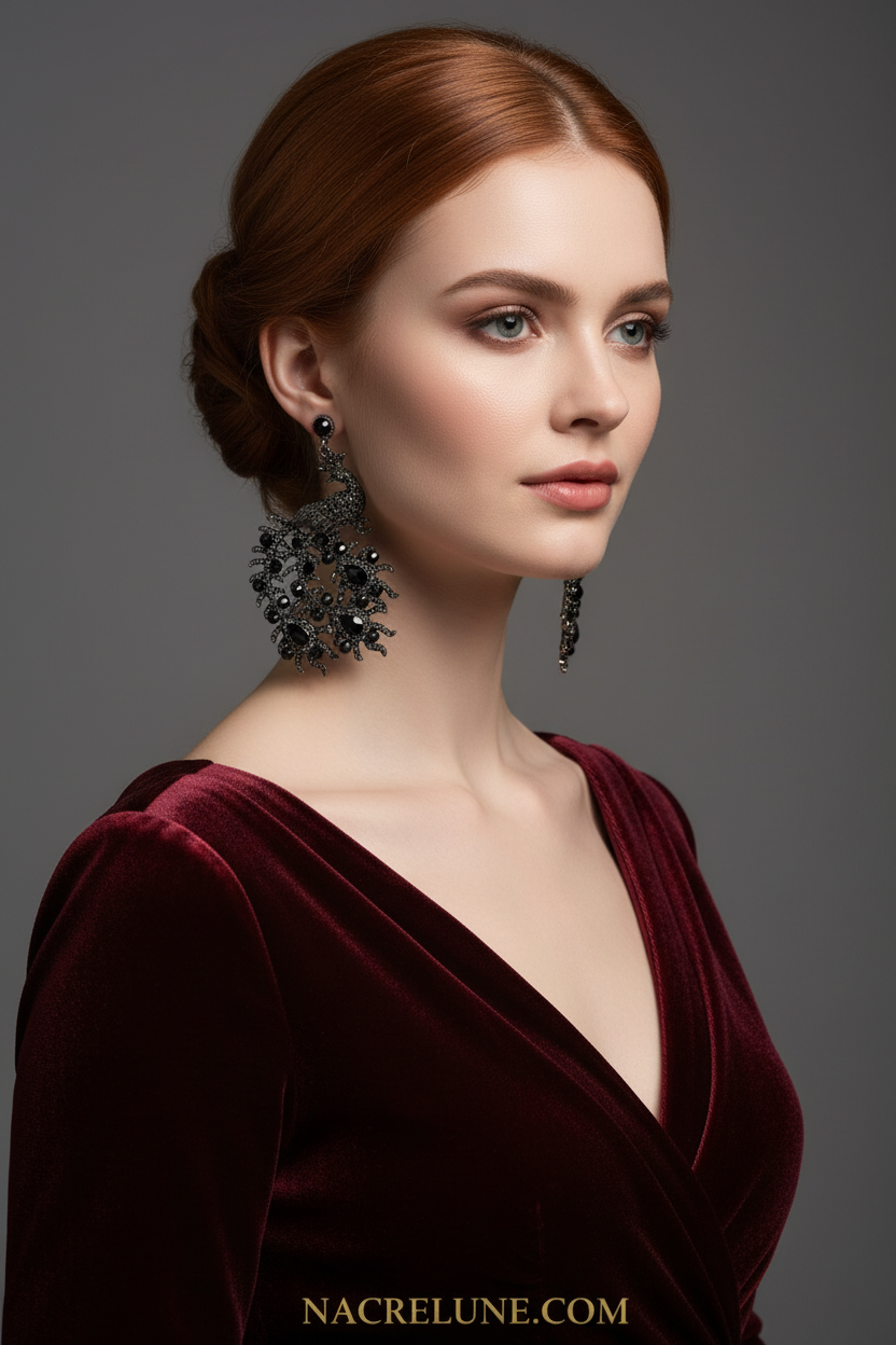 boucles d'oreille en strass en forme de paon noir nacrelune.com boucles d'oreille