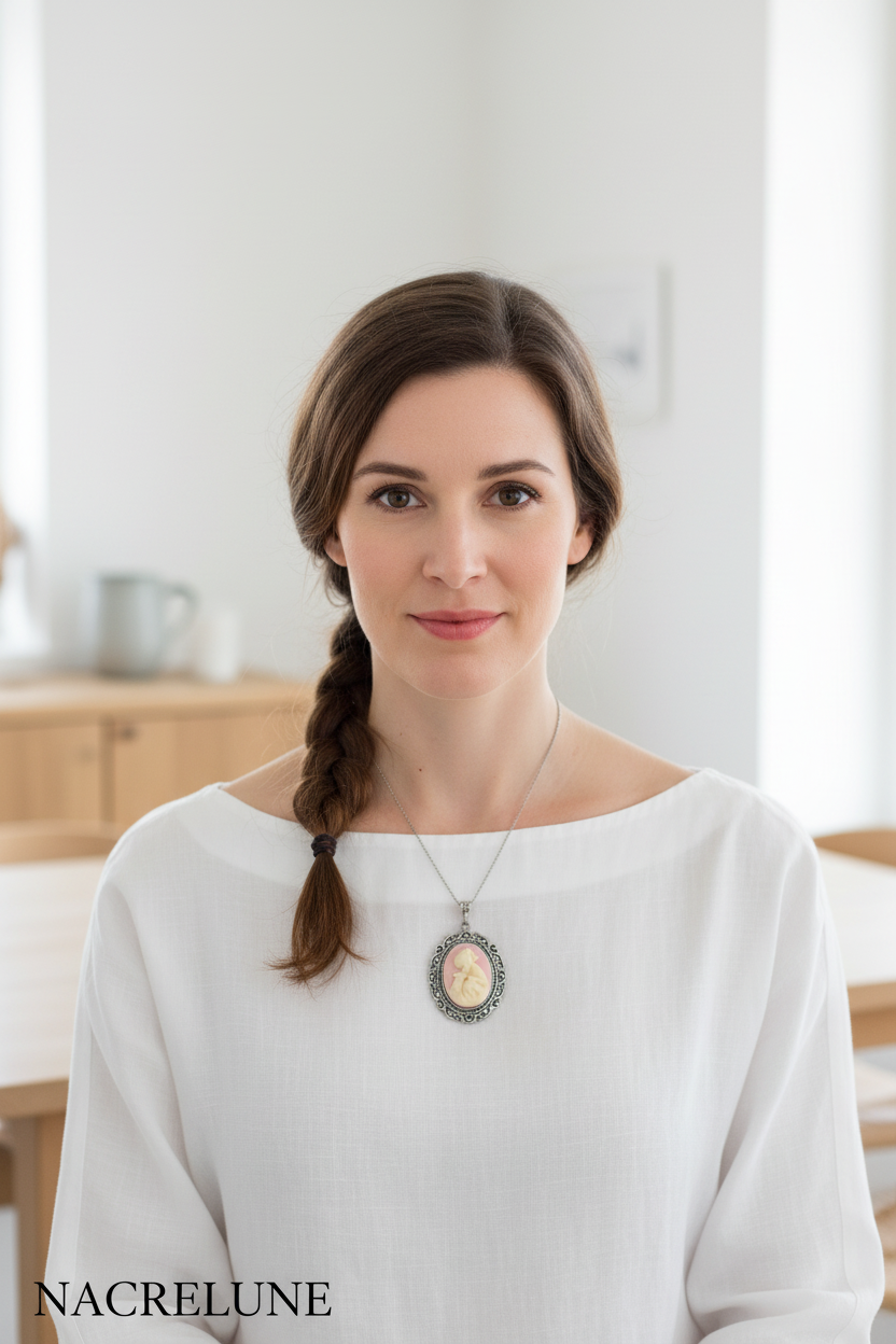 Grand pendentif camée rose représentant une petite fille et son lapin nacrelune.com pendentif