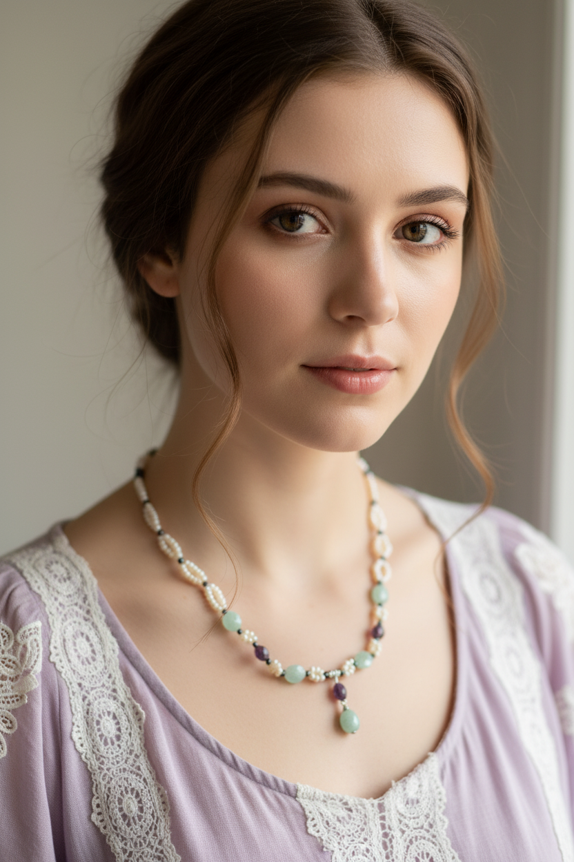 Collier en aigue marine, améthyste et perles de culture nacrelune.com collier