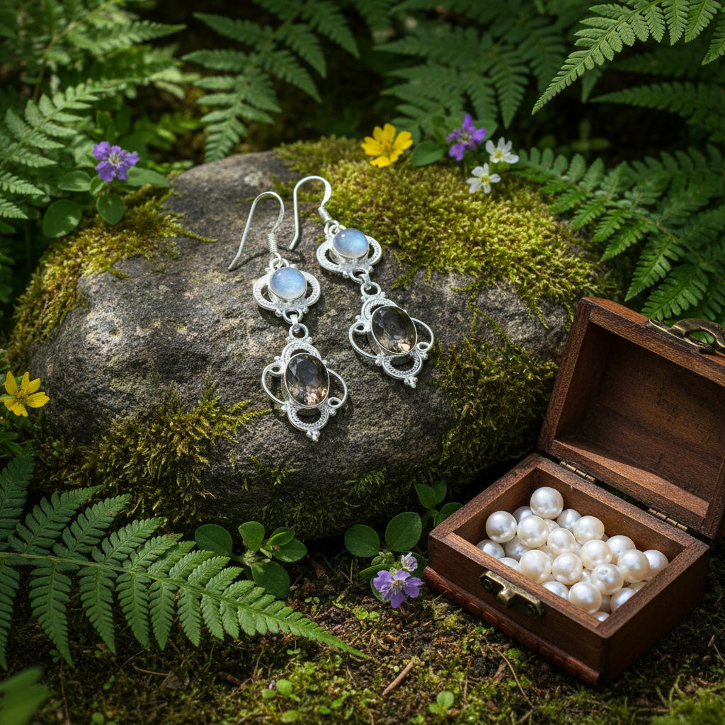Boucles d'oreille en argent avec pierre lune et quartz fumé nacrelune.com boucles d'oreille