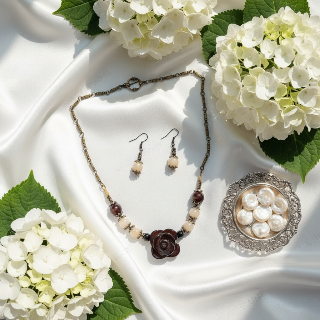 Parure en perles d'agates avec fleur en agate sculptée nacrelune.com parure