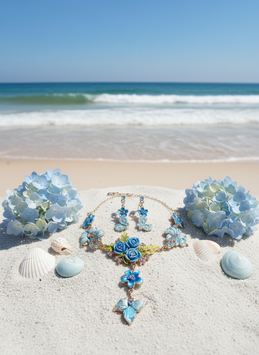 Parure en émail avec fleurs et feuilles, choisissez votre couleur Bleu NACRELUNE parure