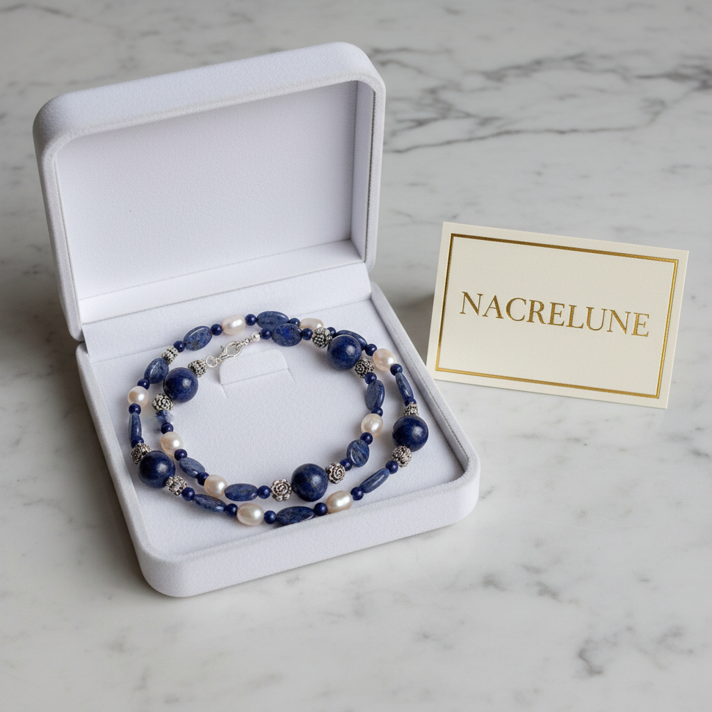 Collier en Lapis Lazuli & Perles | Pierre de Sagesse & Vérité nacrelune.com collier