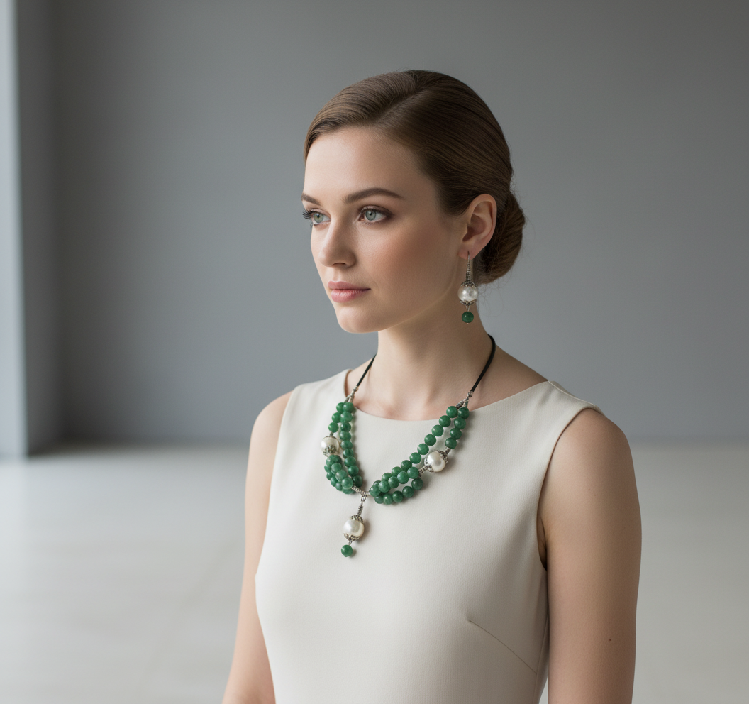 Parure perles de nacre et jade vert NACRELUNE parure