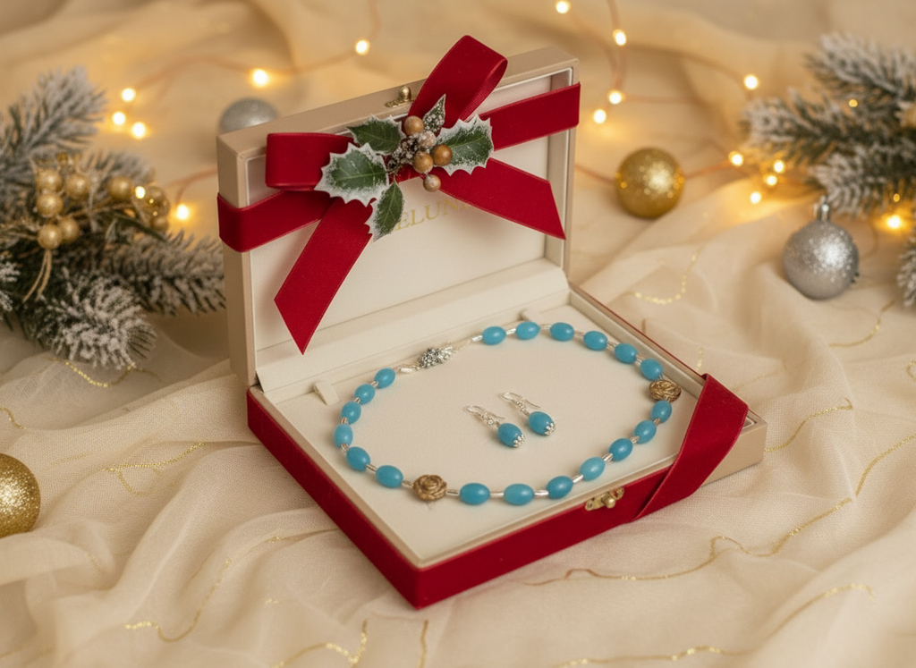 parure en perles de quartz bleus et fleurs sculptées en oeil du tigre nacrelune.com parure