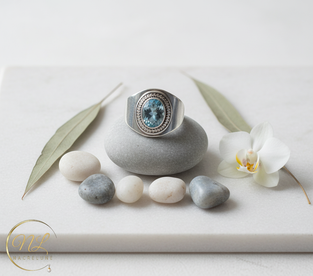 Bague en argent 925 avec topaze bleue NACRELUNE Bague