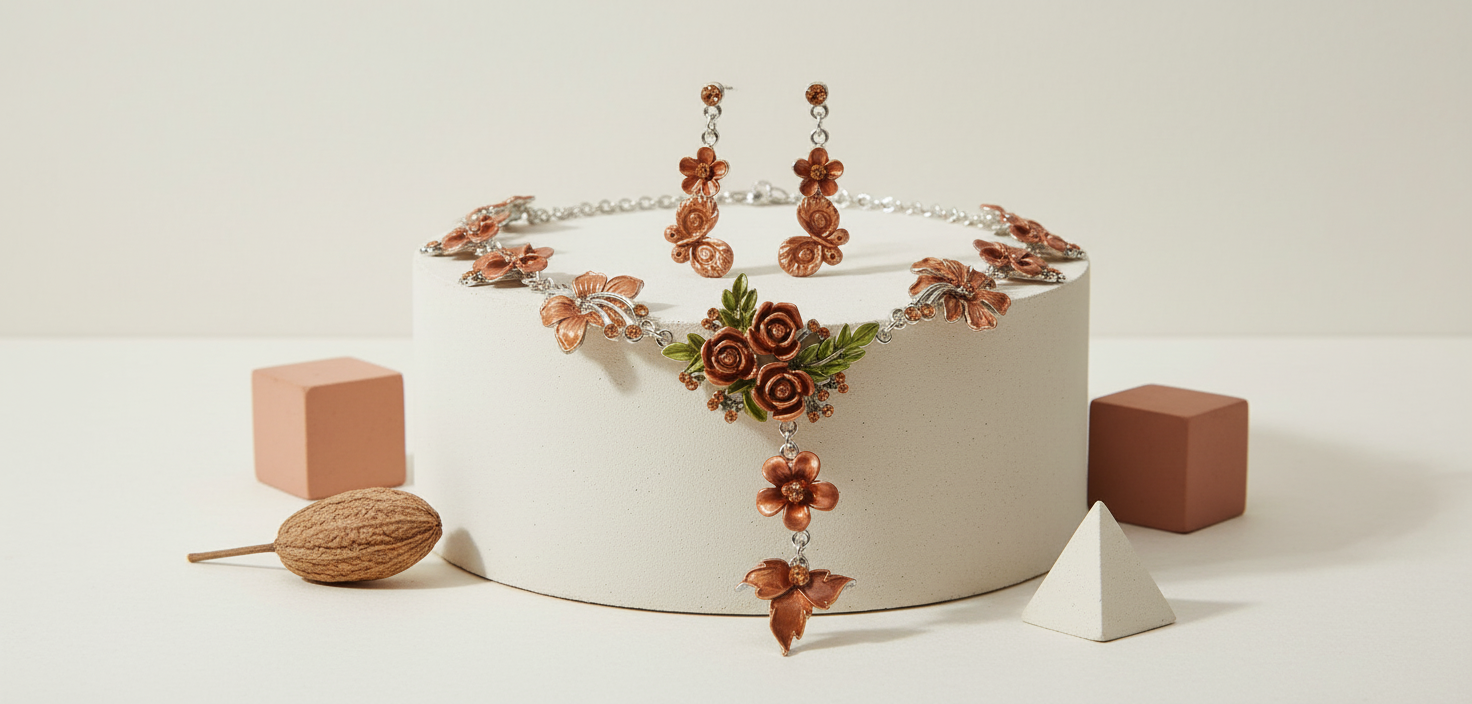 Parure en émail avec fleurs et feuilles, choisissez votre couleur nacrelune.com parure