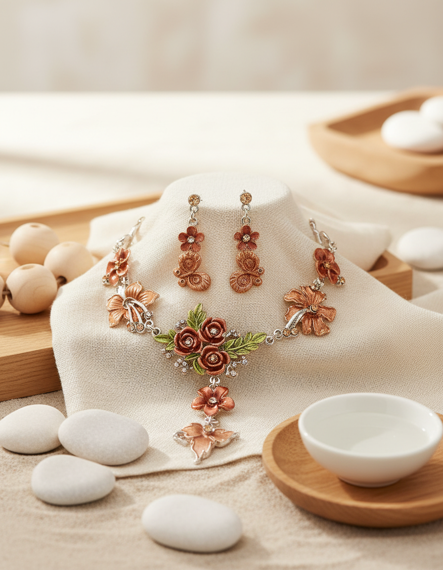 Parure en émail avec fleurs et feuilles, choisissez votre couleur Marron nacrelune.com parure